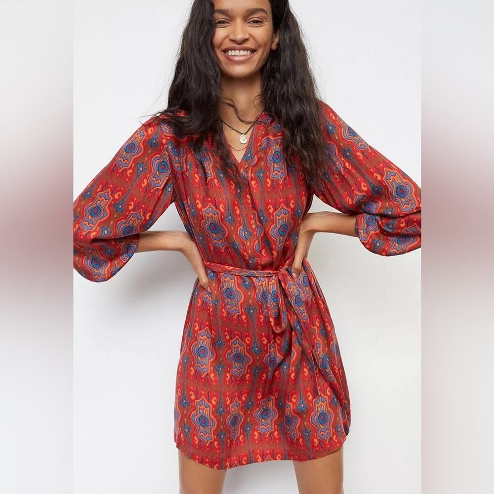 Anthropologie Red Multicolor Patterned Wrap Dress